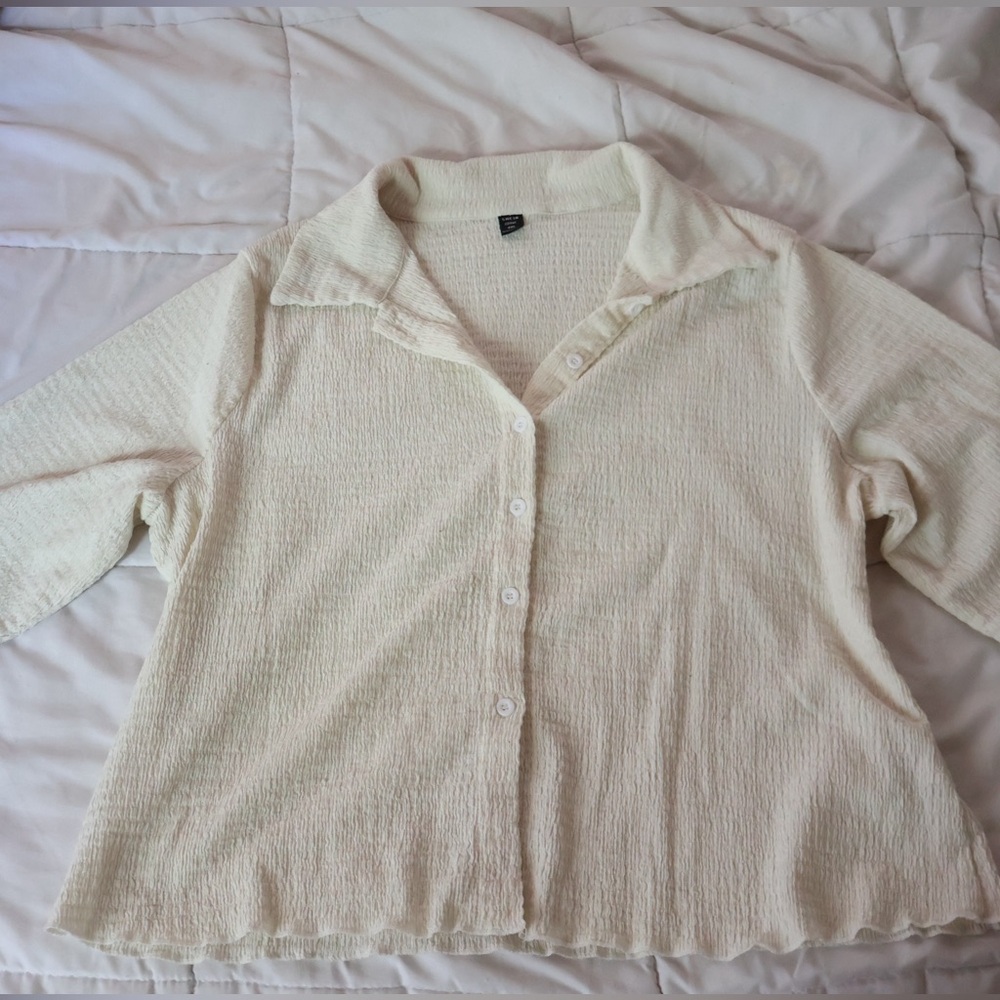 SHEIN Cream Textured Button-Down Shirt